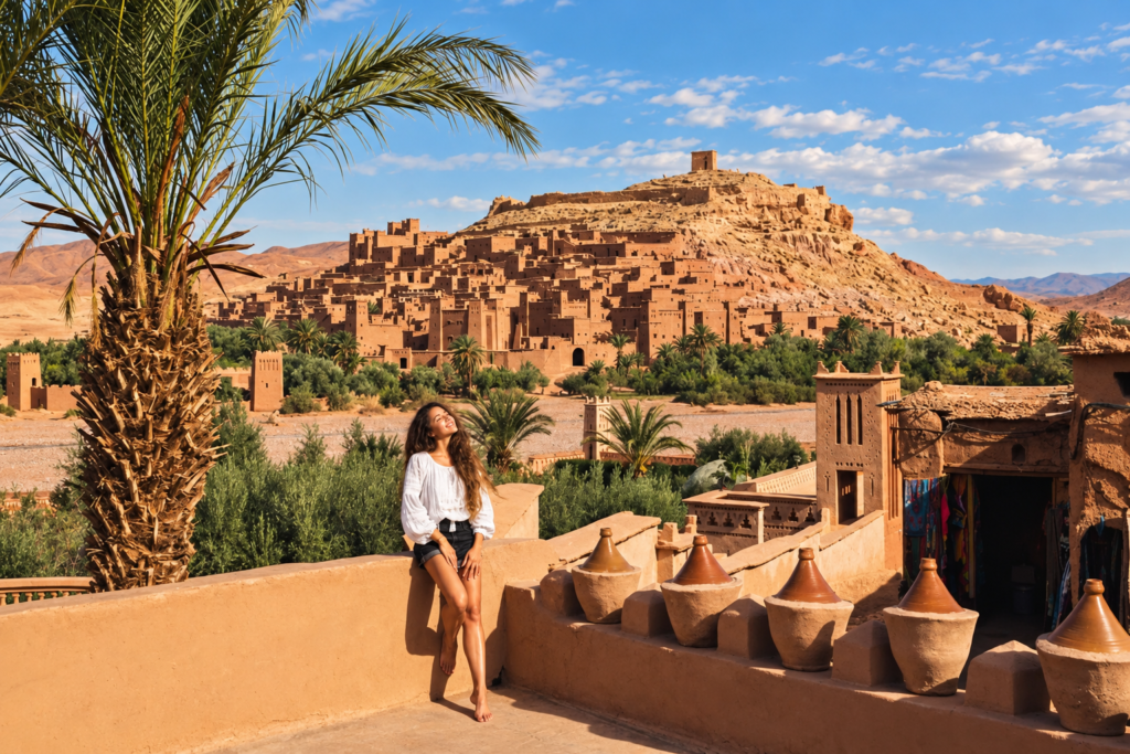 Viajera en una terraza frente a la kasba de Aït Ben Haddou, Marruecos