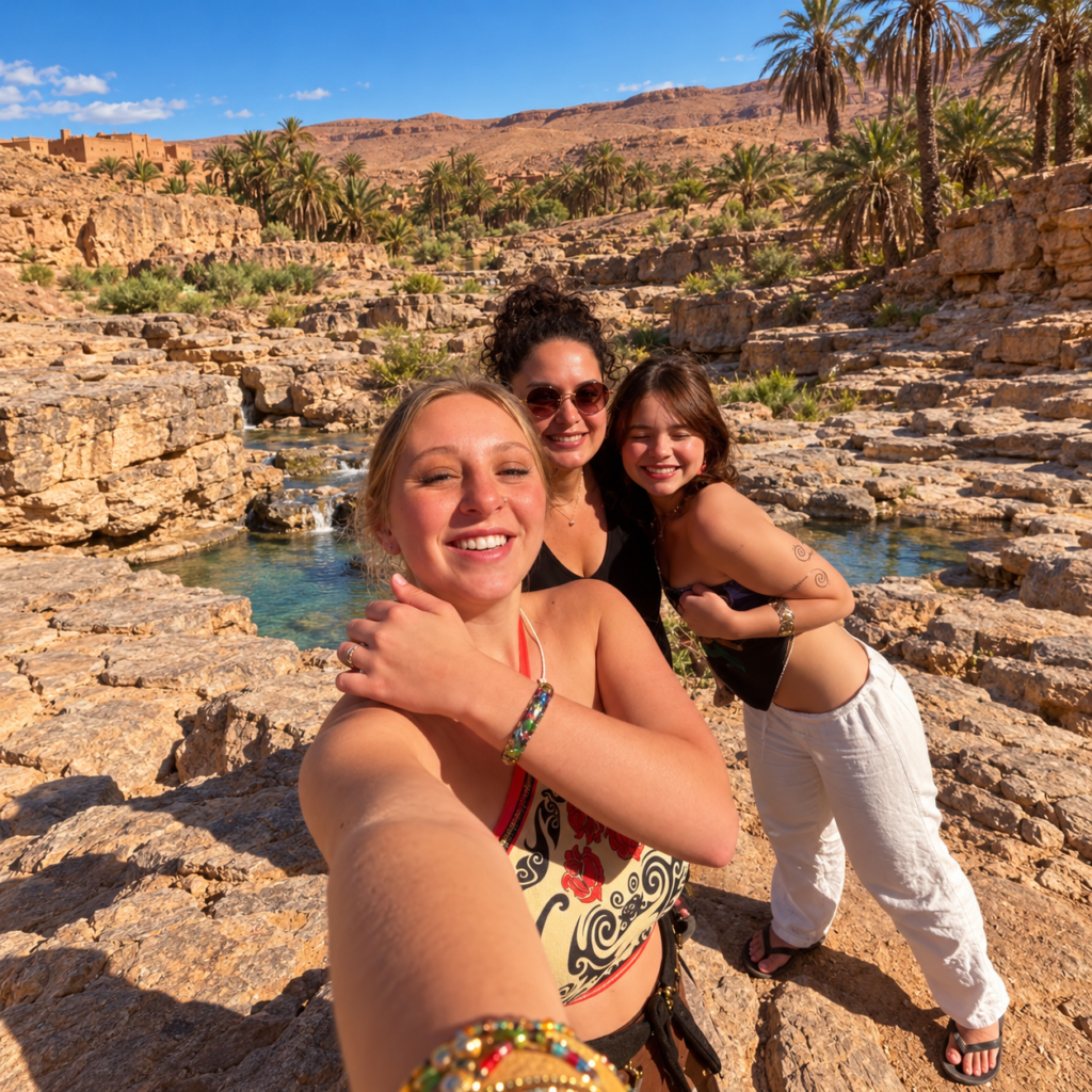Three friends smiling by a palm oasis and rock pools in southern Morocco