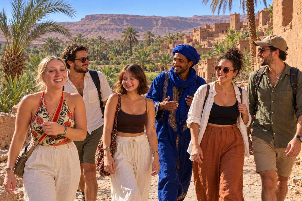 Friends walking with a local guide through a palm oasis and kasbah village in southern Morocco
