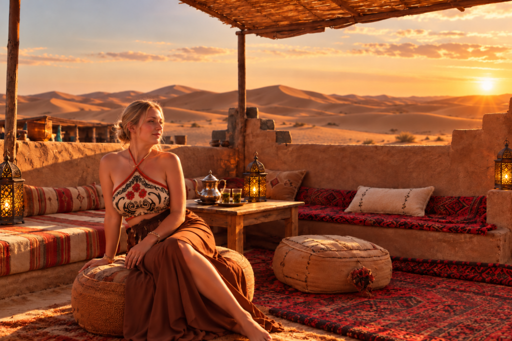 Traveller relaxing on a desert camp terrace at sunset in the Sahara, Morocco