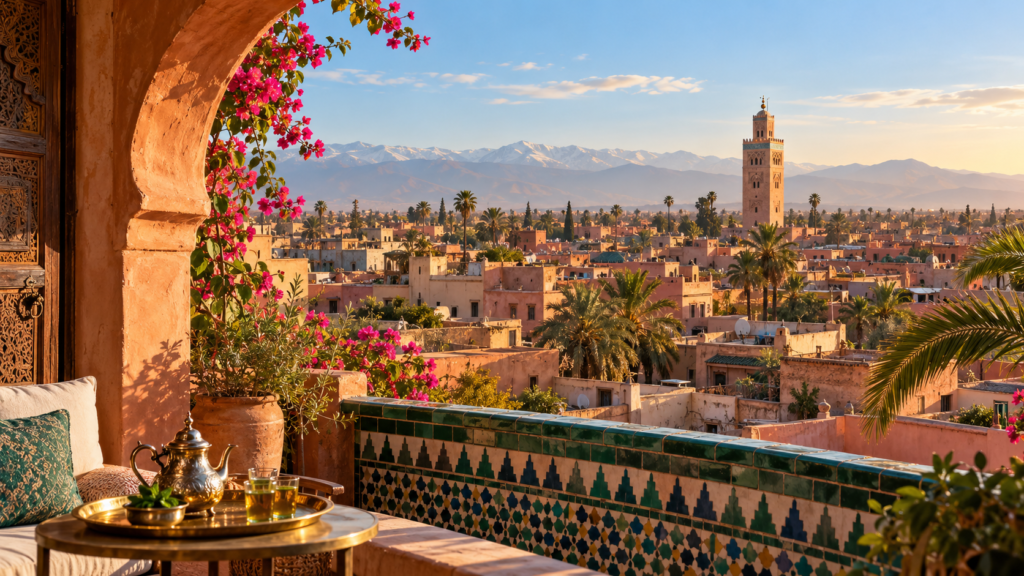 Terraza de un riad con té con menta frente a la medina de Marrakech, el alminar de la Kutubía y el Atlas nevado