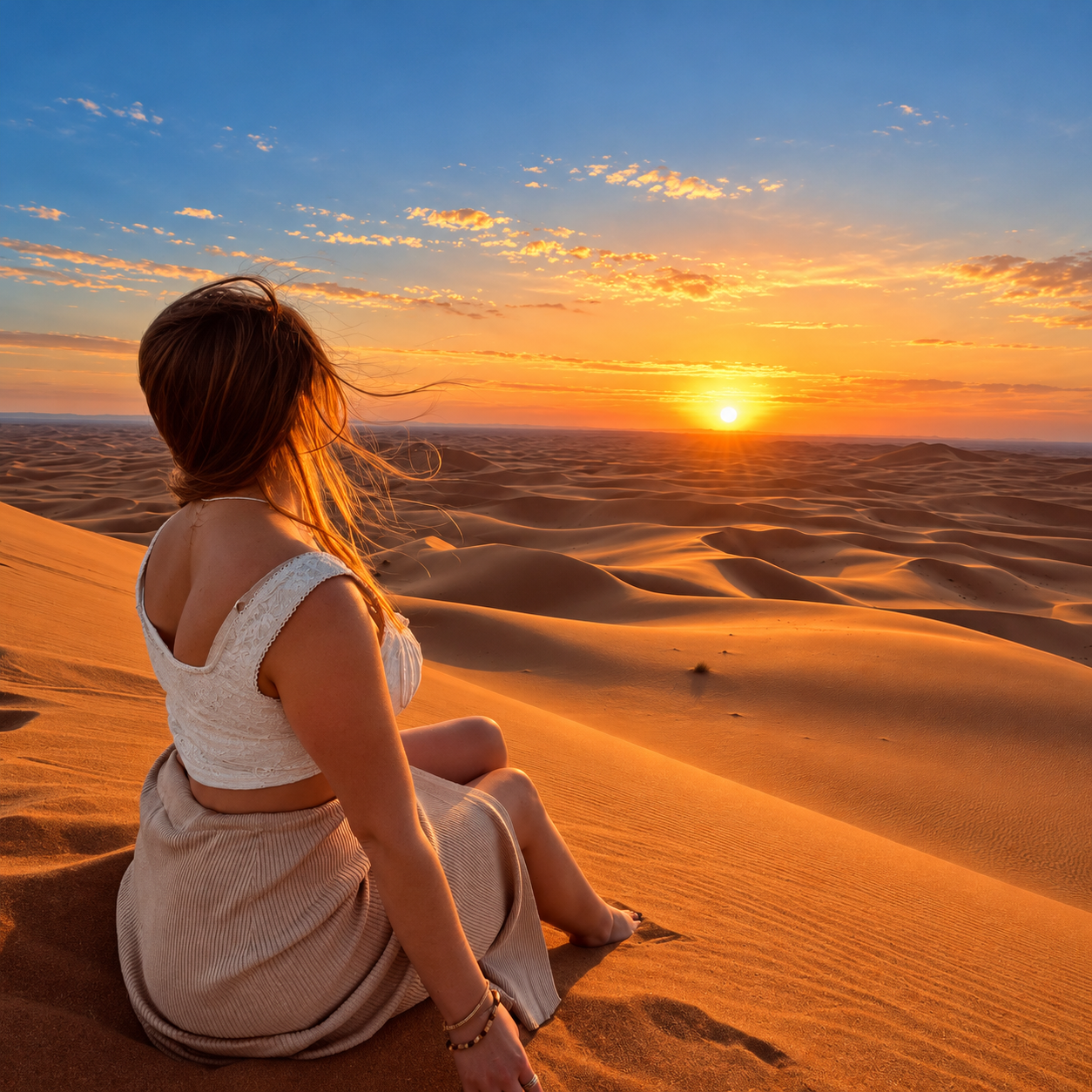 Traveller watching the sunset over the Sahara dunes in Morocco