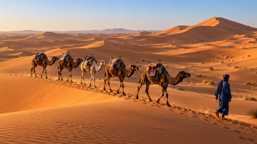 Camel caravan led by a guide across the Sahara dunes in Morocco