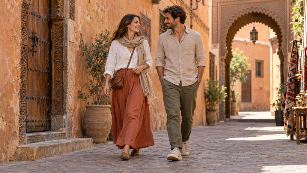Couple walking in a Moroccan medina street in modest linen clothing