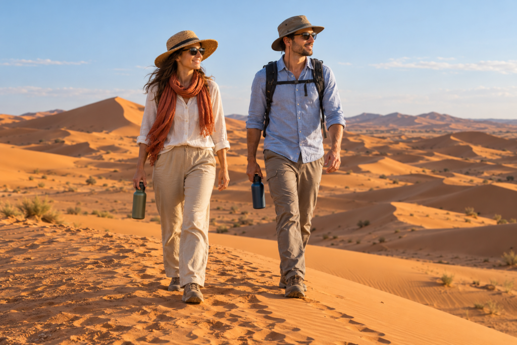 Travellers in sun hats and long loose clothing walking in the Sahara dunes
