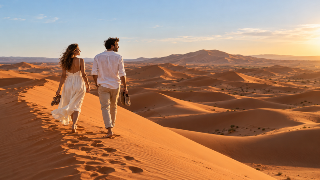Couple walking barefoot along a Sahara dune crest at sunset in light linen clothes