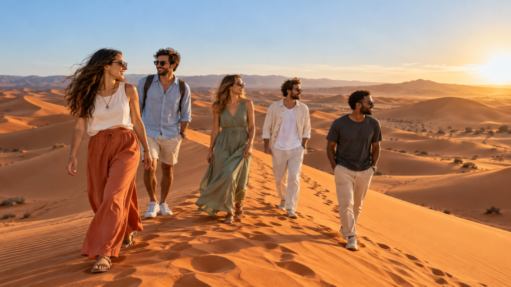 Group of friends walking on the Sahara dunes at sunset in light clothing