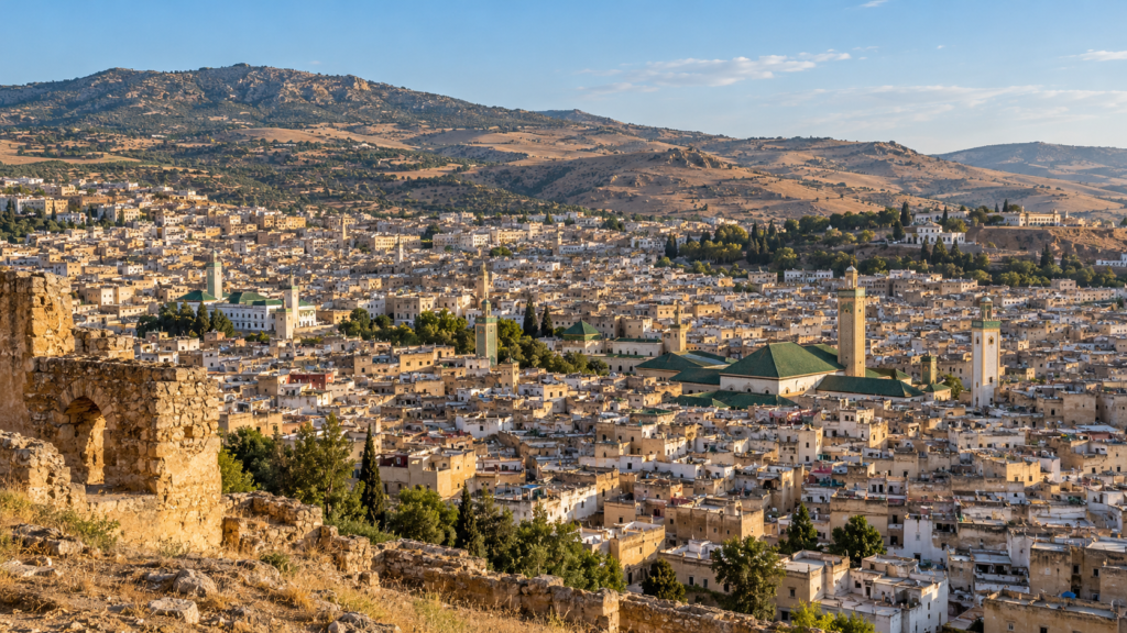 Vista de la medina de Fez el Bali con sus mezquitas de tejados verdes y sus alminares, Marruecos