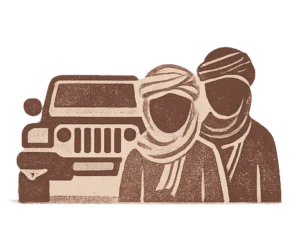 Guías locales del desierto de Serenity Sahara con un 4x4, ilustración