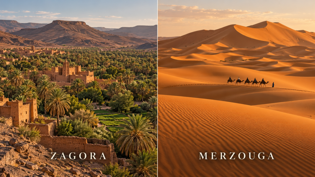 Zagora palm oasis and the Merzouga dunes of Erg Chebbi side by side