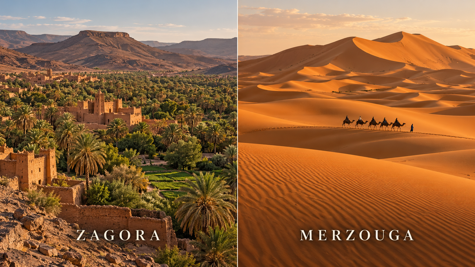 Zagora palm oasis and the Merzouga dunes of Erg Chebbi side by side
