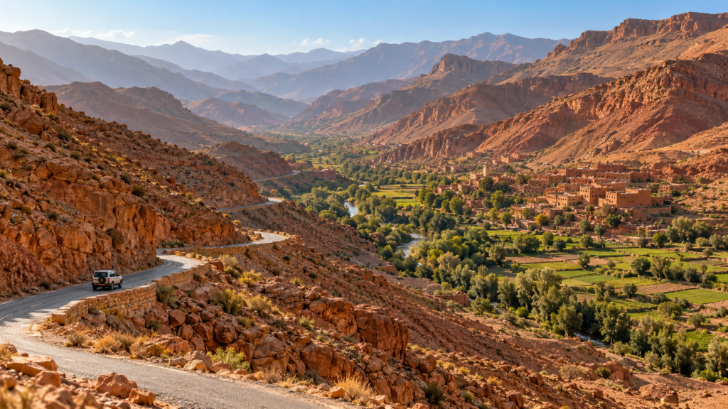 Carretera de montaña sinuosa sobre un valle verde y un pueblo de kasbas de adobe en el sur de Marruecos